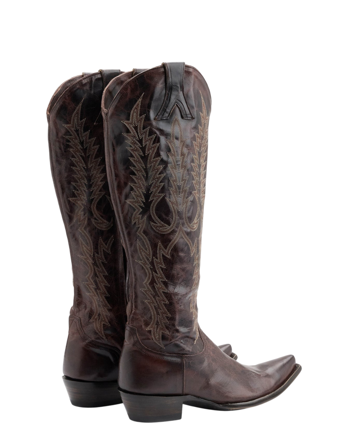 Old Gringo Boots Mayra Tall chocolate goat leather cowboy boots with intricate stitching and 4Long toe