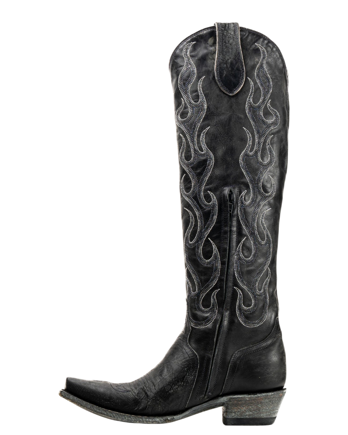 Old Gringo Boots Oaklynn Tall black leather western boots with flame embroidery and crystal accents, side view
