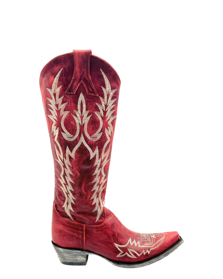 Old Gringo Boots Mayra Bis red leather western boot with intricate white embroidery and a distressed finish
