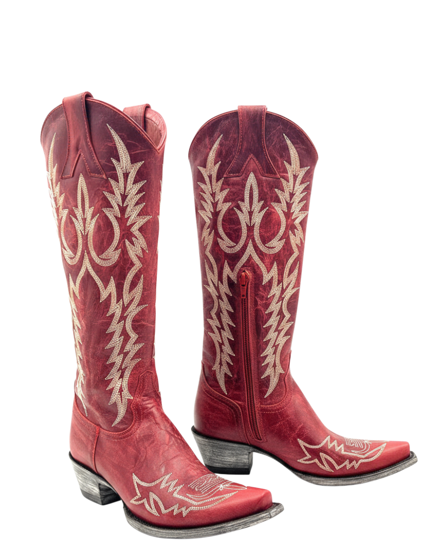 Old Gringo Boots Mayra Bis red leather western boots with intricate white embroidery and side zipper closure