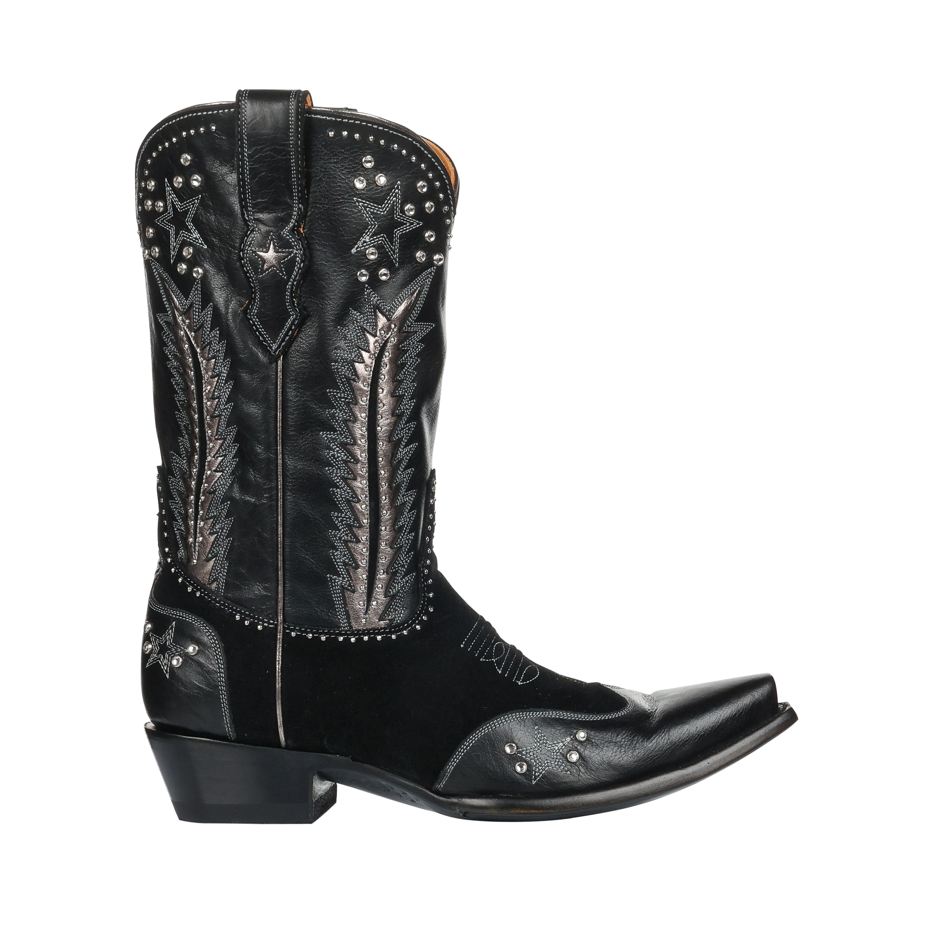 Black cowboy boot with star and pattern design on a white background