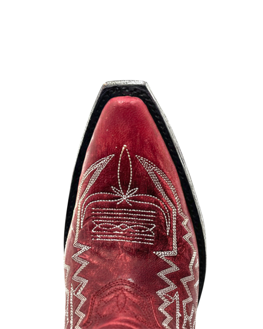 Old Gringo Boots Mayra Bis red leather western boot with intricate white stitching and a pointed toe