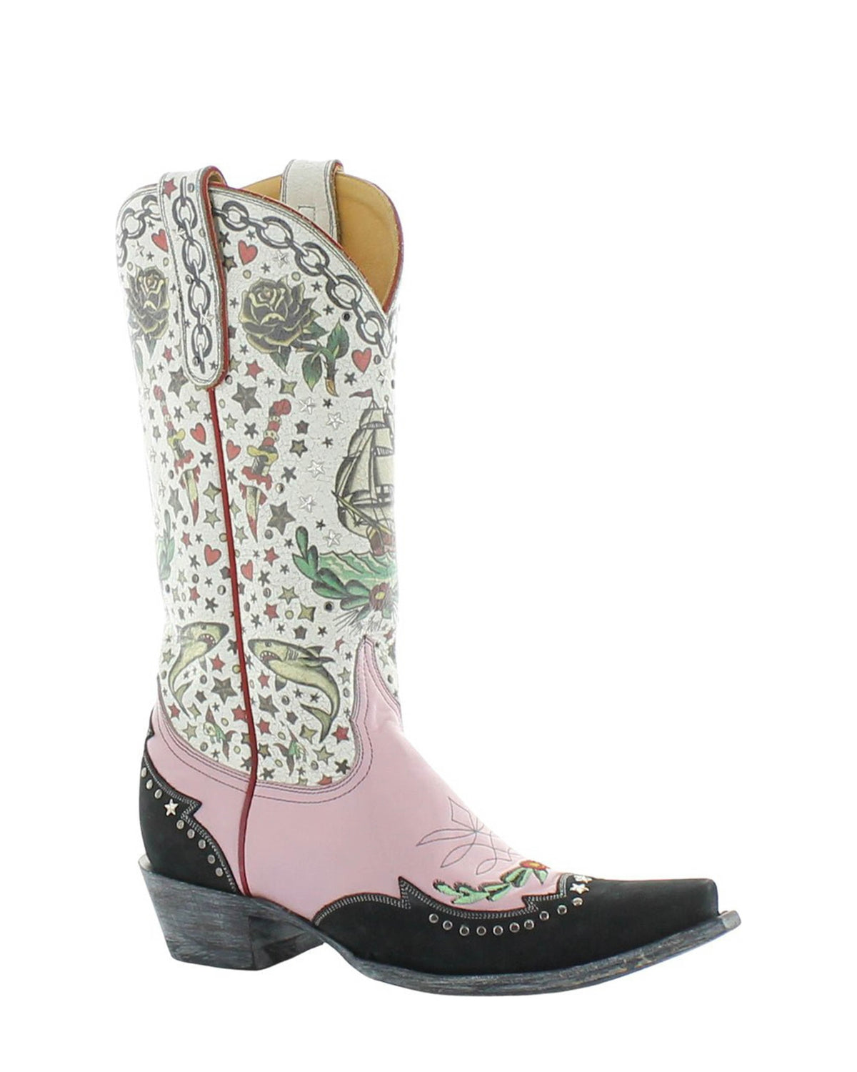 Old Gringo Marina Mid Crackled White/Pink women's 13" cowboy boot, side view