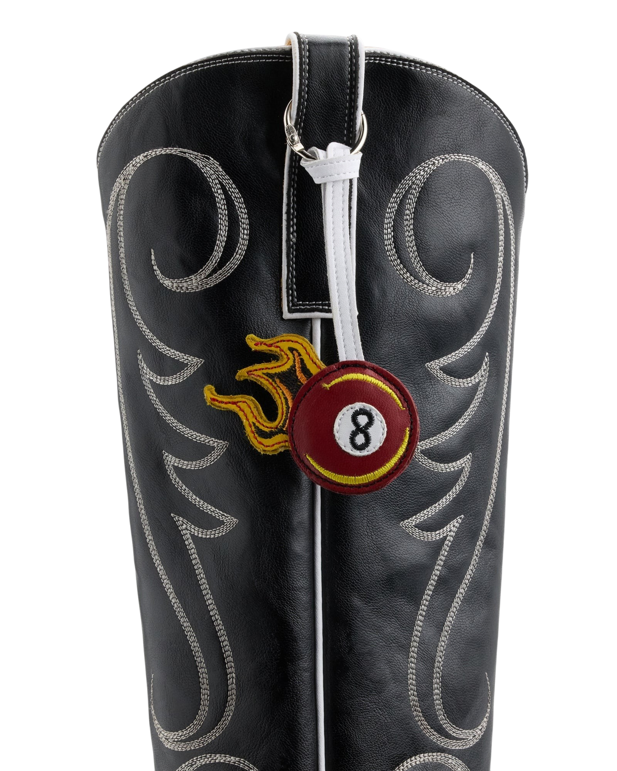 Old Gringo Boots 8 Ball Tall black cowhide leather western boot with white contrast stitching and flaming 8 ball charm