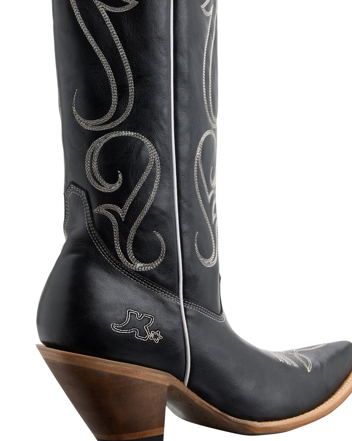 Old Gringo Boots 8 Ball Tall black cowhide leather western boots with white contrast stitching and stacked heel