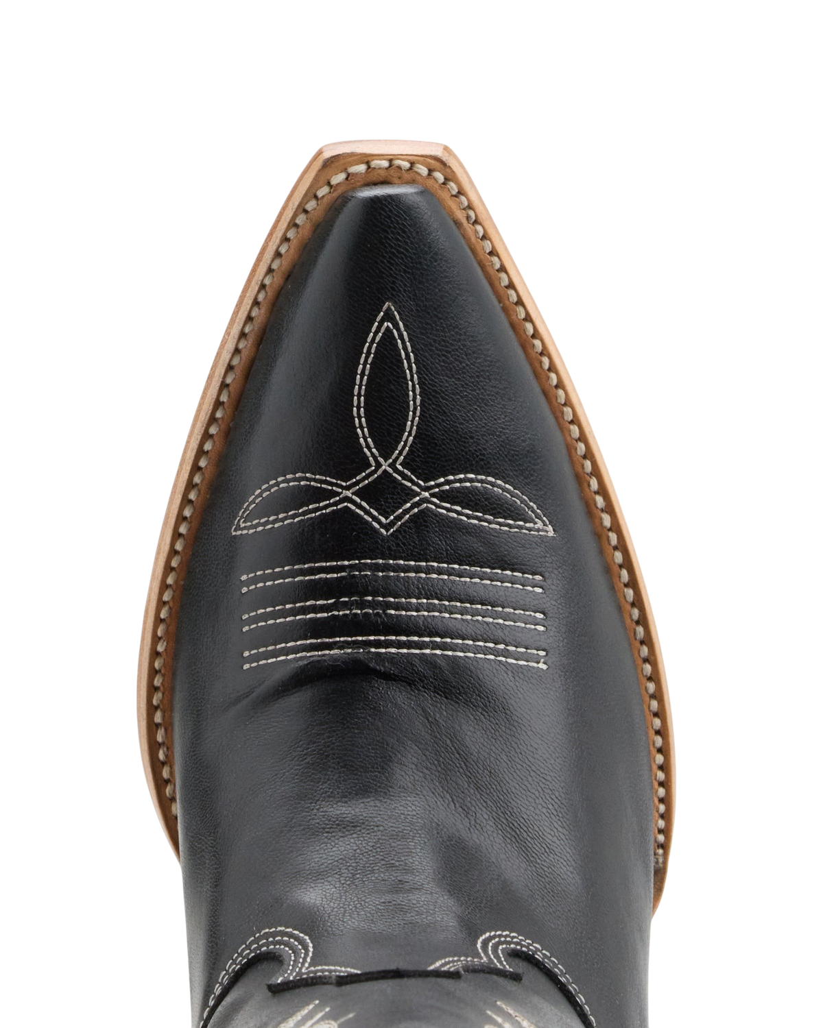 Old Gringo Boots black cowhide leather western boot with a pointed toe and white contrast stitching detail.