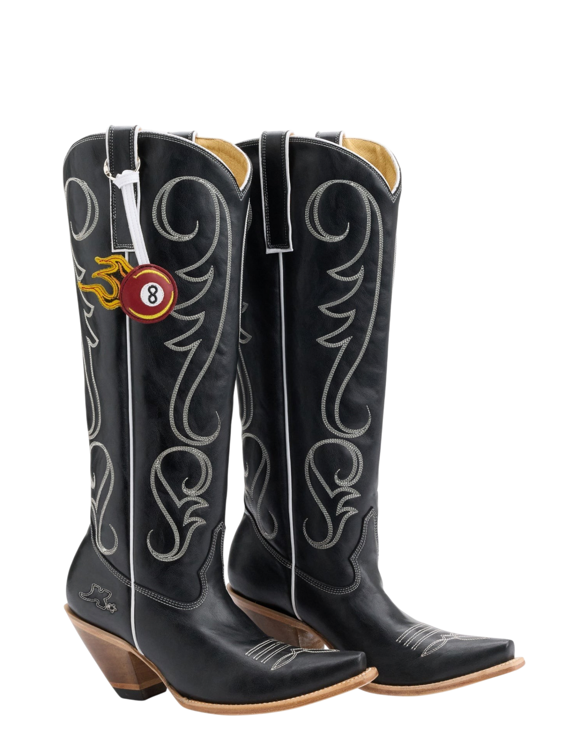 Old Gringo Boots 8 Ball Tall black cowhide leather western boots with contrast stitching and flaming 8 ball charm