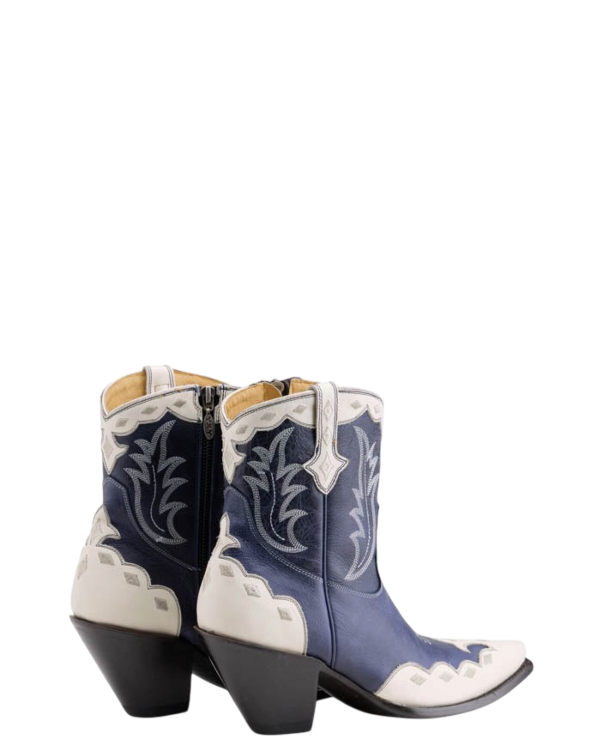 Old Gringo Boots Will Call blue and cream cowhide leather short western boots with scalloped trim and stitchwork