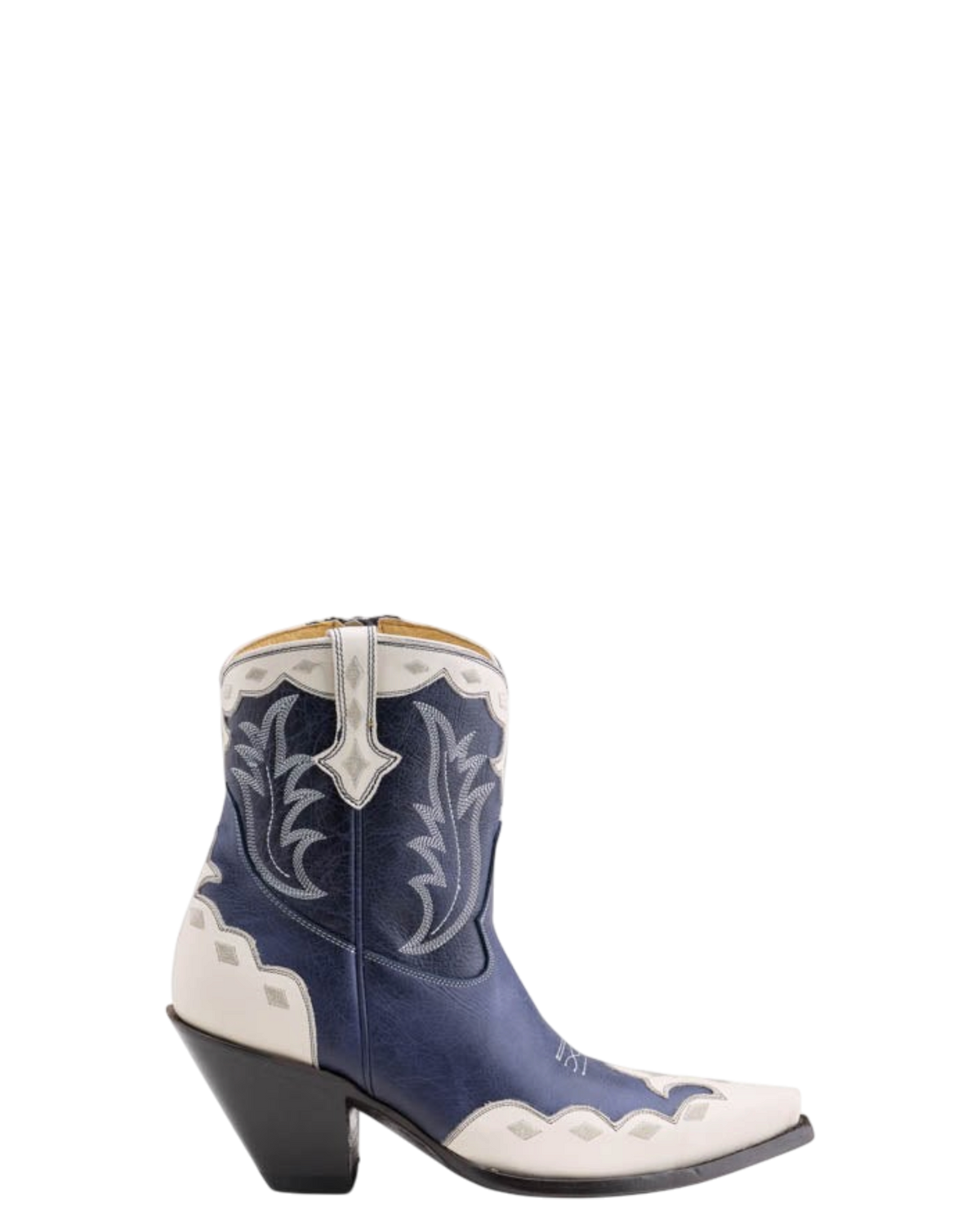 Old Gringo Boots Will Call blue and cream cowhide leather short western boots with scalloped trim and stitchwork