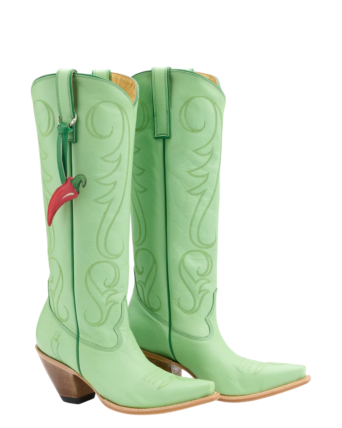 Old Gringo Boots Chili Tall soft mint goat leather western boots with tonal stitching and a red chili pepper bauble