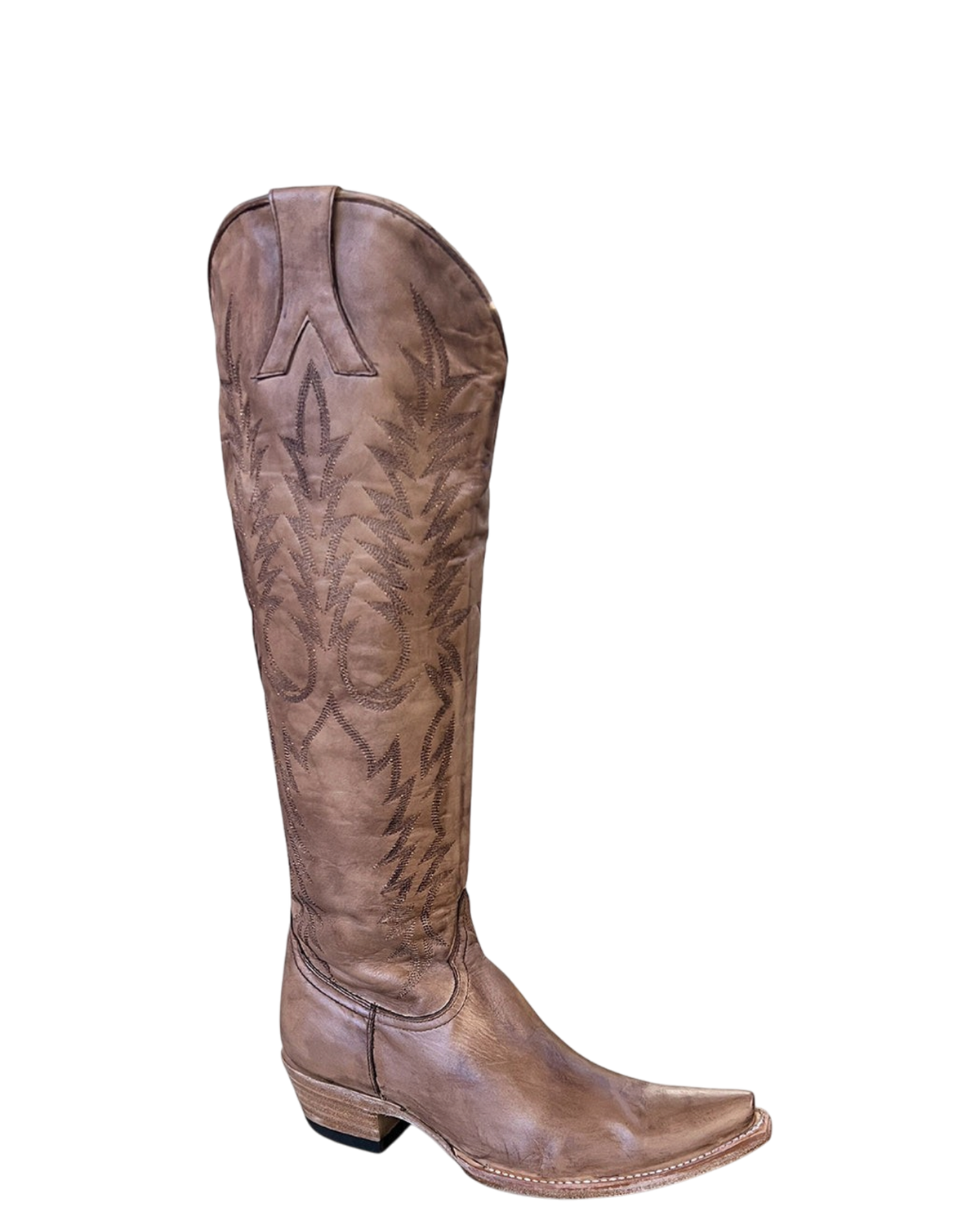 Old Gringo Boots Mayra beige leather western boot with intricate shaft embroidery and a classic pointed toe silhouette.