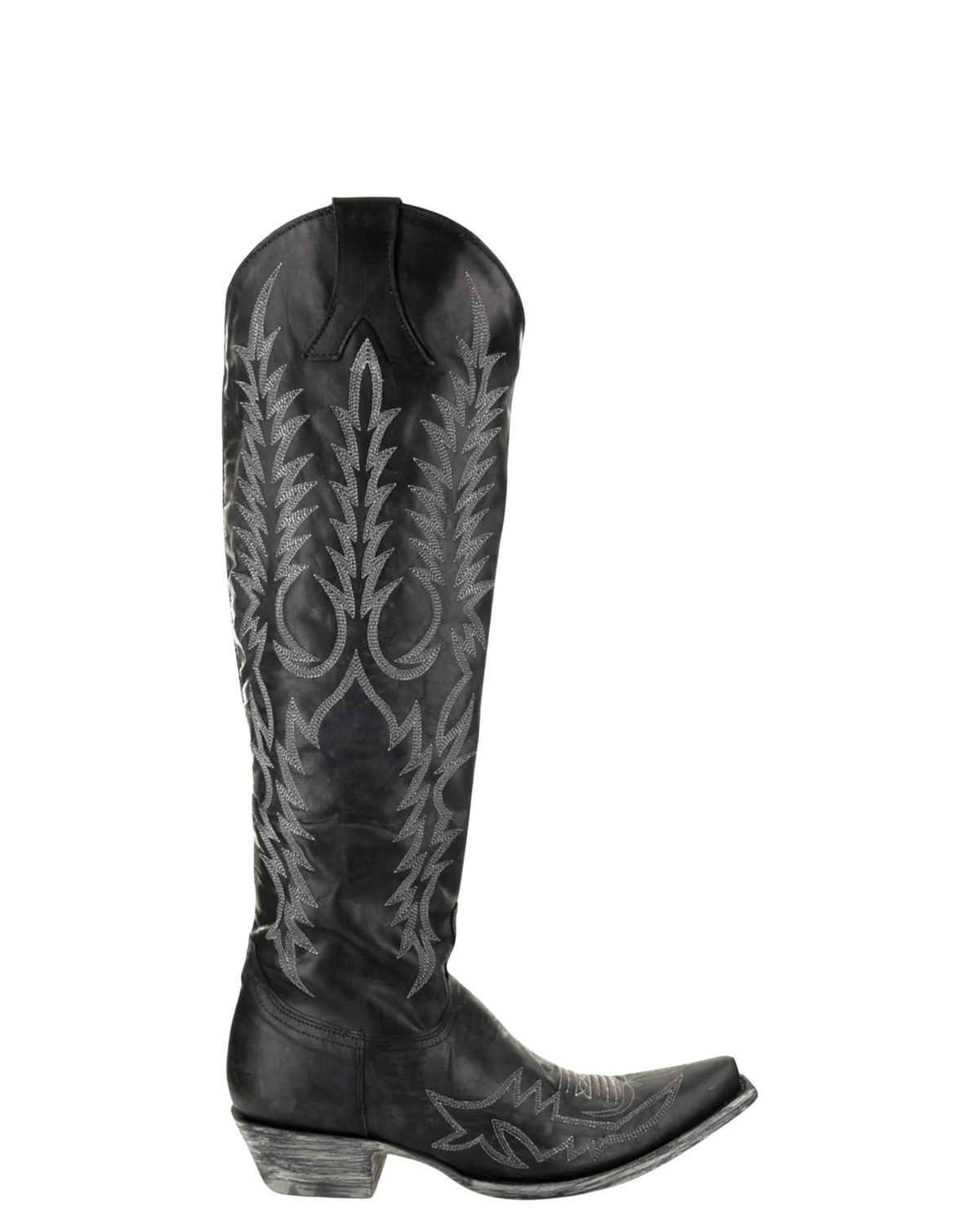 Old Gringo Boots Mayra Bis tall black leather western boots with intricate silver embroidery and pointed toe.