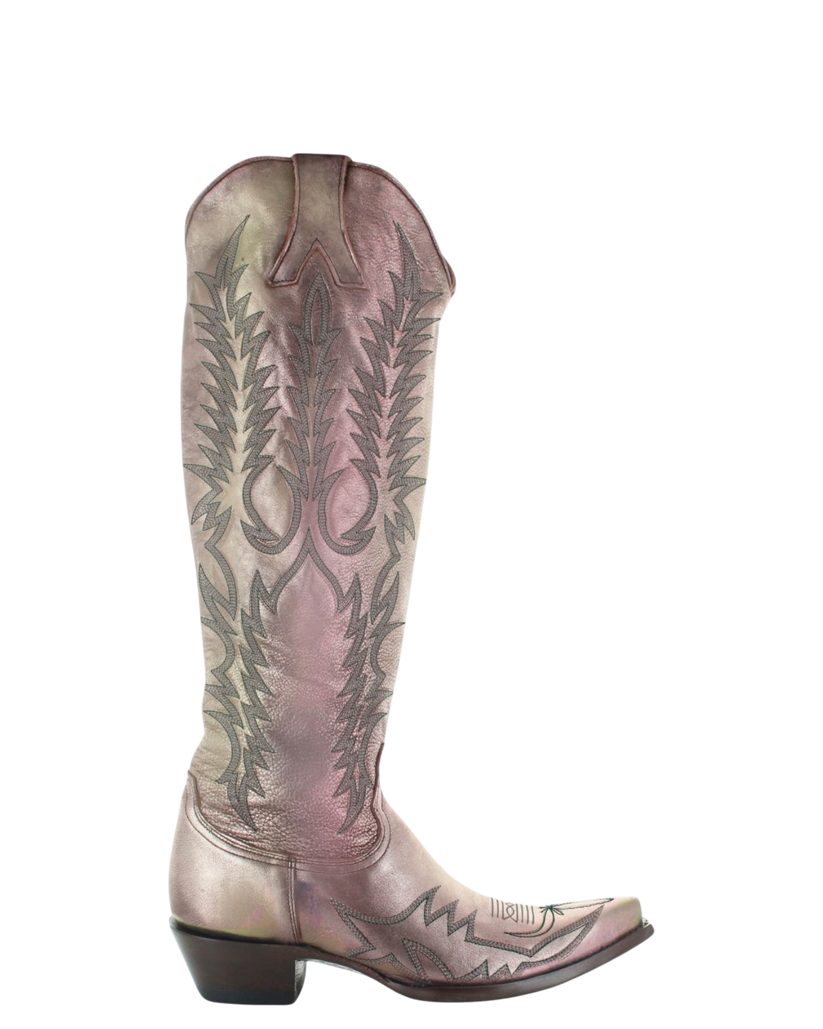 Old Gringo Boots Mayra Bis 18 inch western boot in iridescent Prisma leather with intricate decorative stitching.
