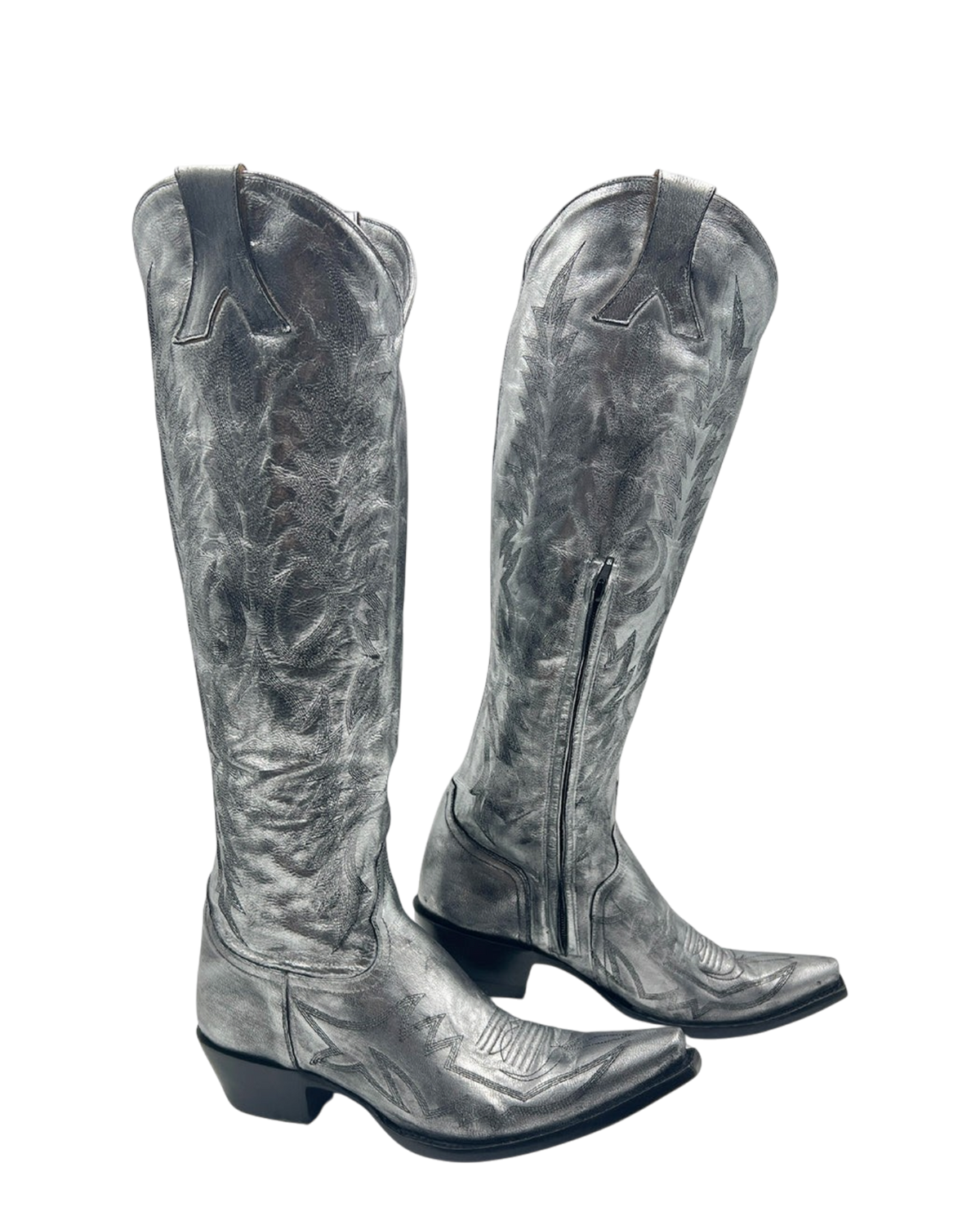 Old Gringo Boots Mayra Bis 18 tall silver leather cowboy boots with intricate stitching and side zipper closure