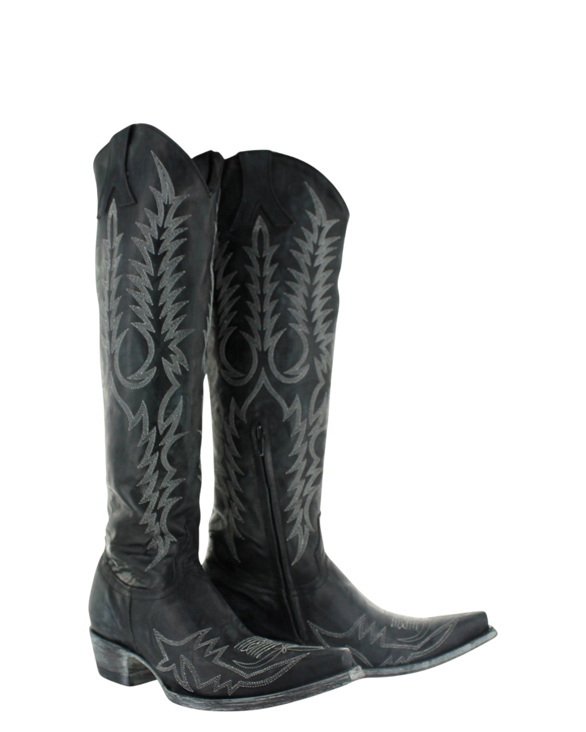 Old Gringo Boots Mayra Bis tall black leather western boots with intricate grey embroidery and a pointed toe.
