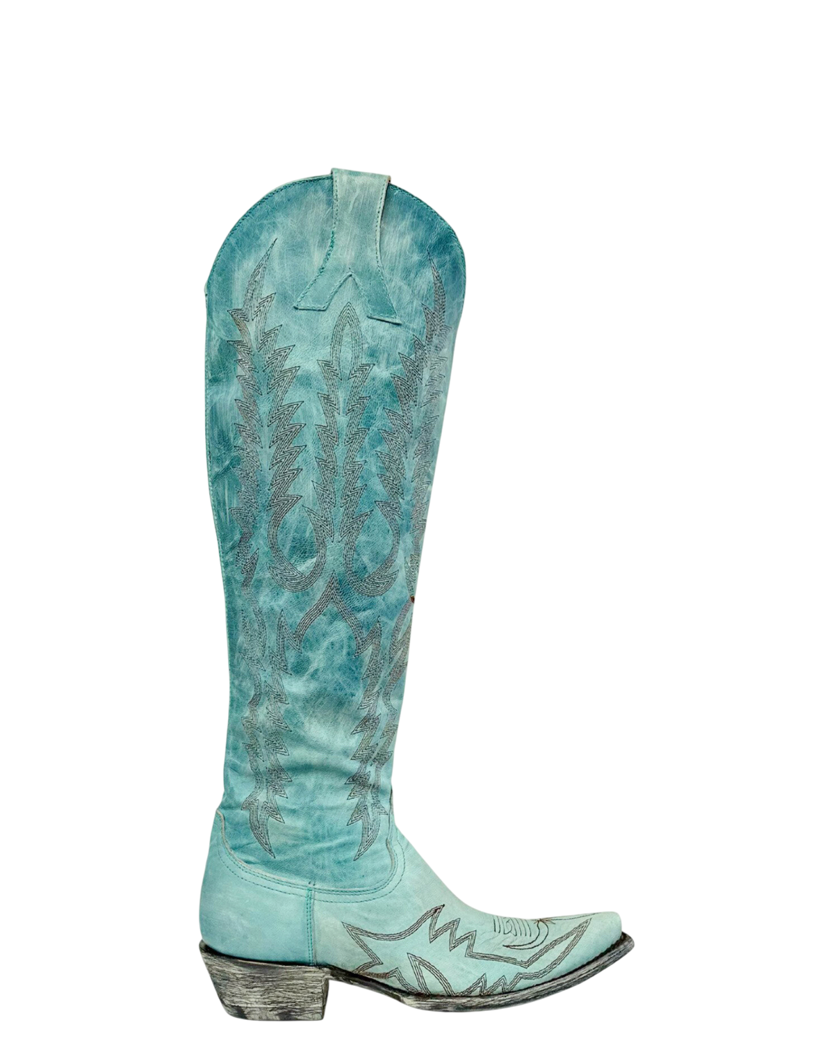 Old Gringo Boots Mayra Bis 18-inch tall turquoise leather western boots with intricate grey embroidery and stacked heel