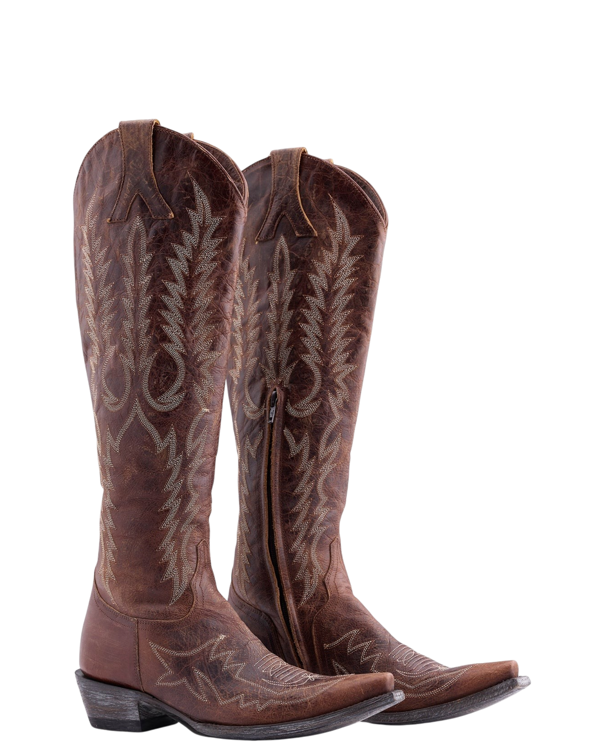 Old Gringo Boots Mayra Bis 18-inch tall western boots in Vesuvio Brass leather with intricate white embroidery