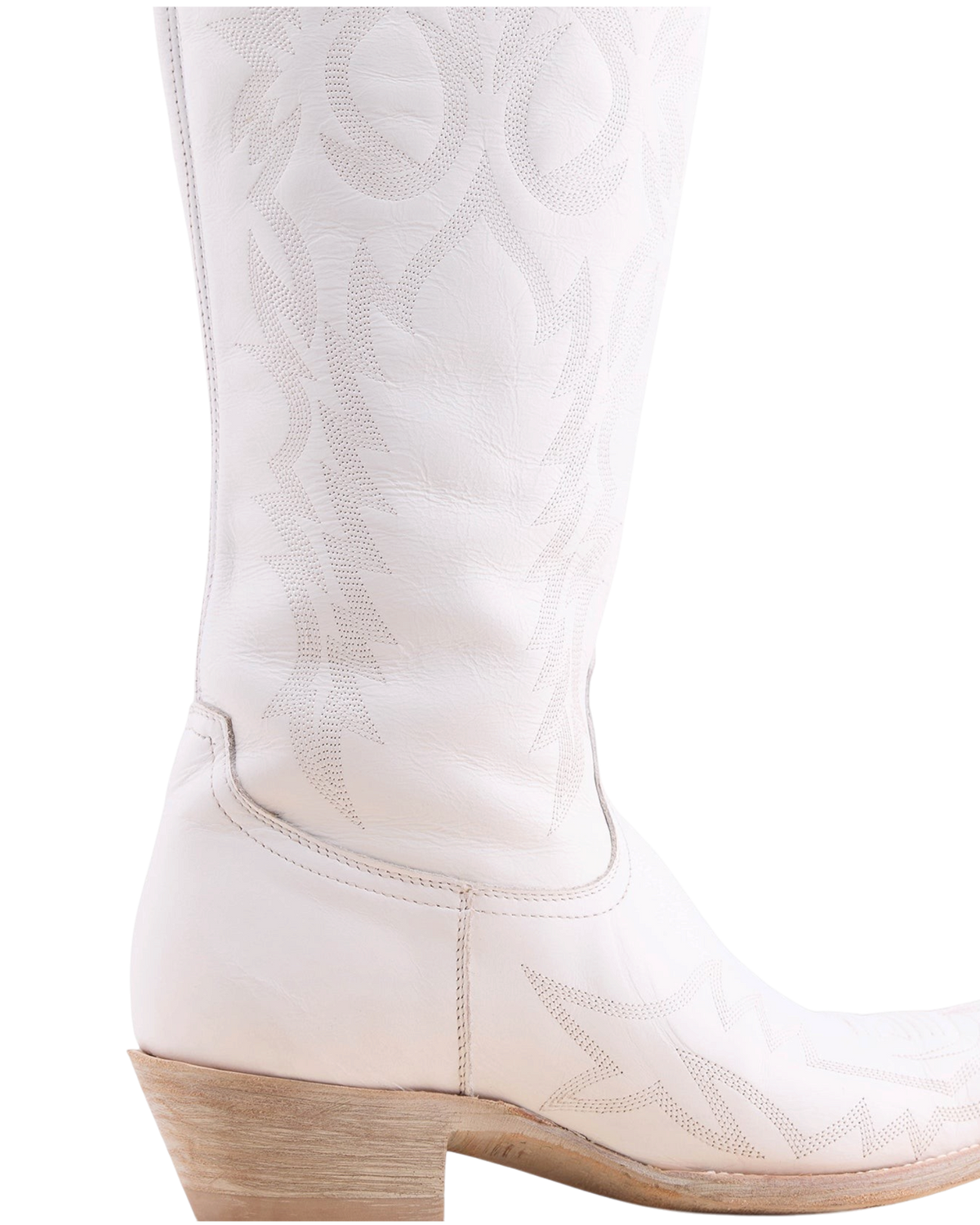Old Gringo Boots Mayra Bis 18-inch white leather western boot with intricate tonal stitching and a stacked heel.