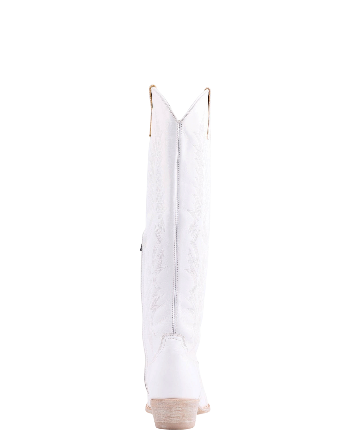 Old Gringo Boots Mayra Bis 18 inch white leather tall western boot, back view showing intricate stitching detail.
