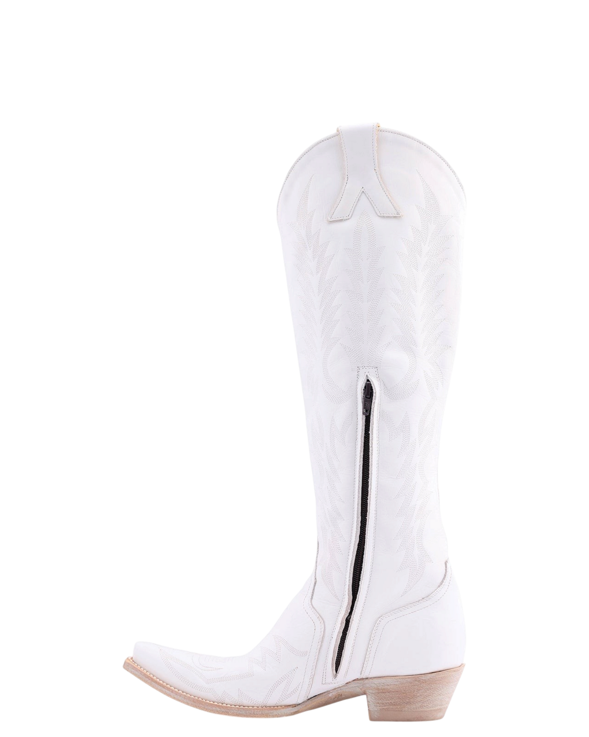Old Gringo Boots Mayra Bis 18-inch white leather western boot with intricate stitching and side zipper closure