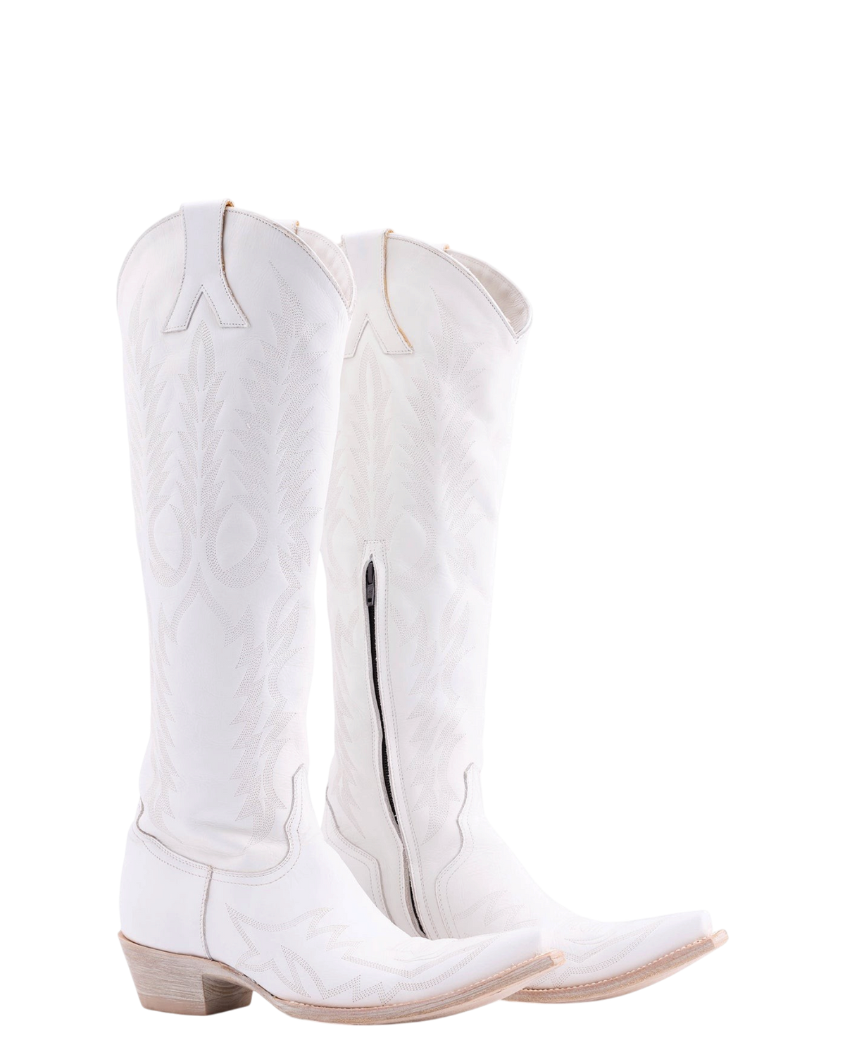 Old Gringo Boots Mayra Bis 18 inch white leather western boots with intricate stitching and side zipper closure
