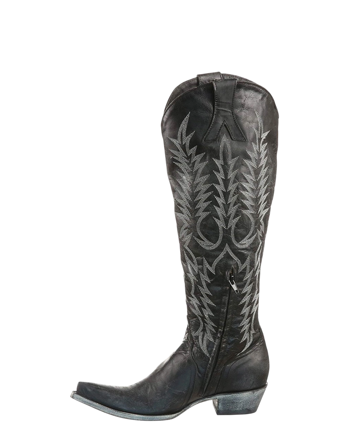 Old Gringo Boots Mayra black cowgirl boots with white wheat embroidery, pointed toe, and relaxed fit wide shaft.
