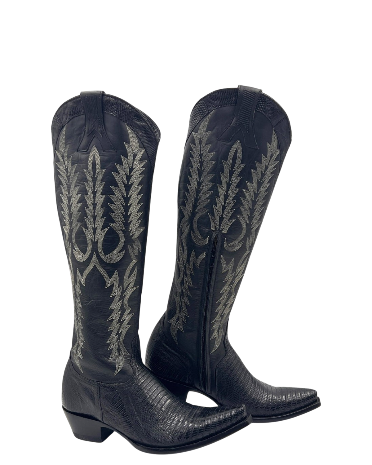 Old Gringo Boots Mayra collar tall black leather western boots with intricate silver embroidery and side zippers