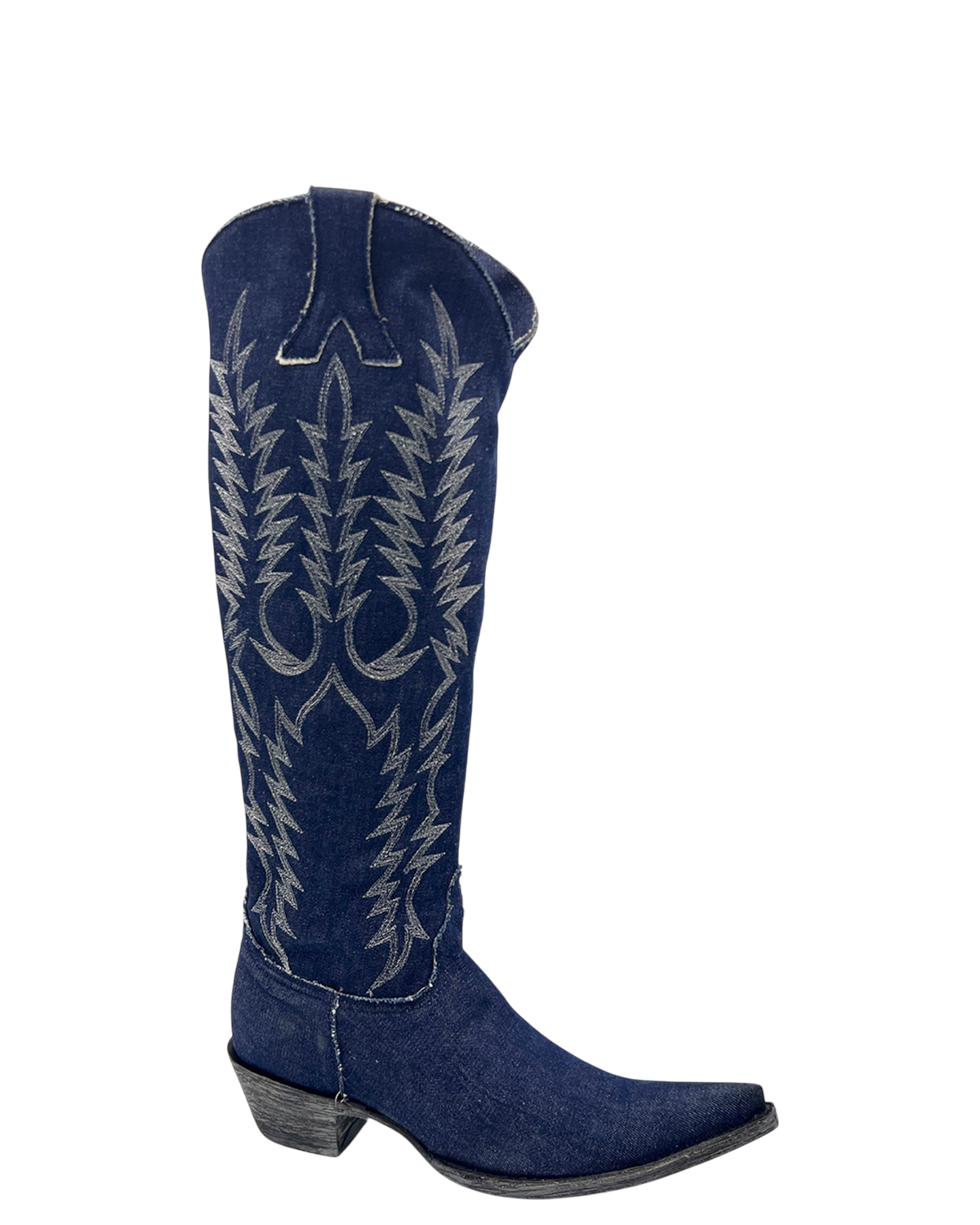 Old Gringo Boots Mayra tall blue jeans denim western boot with intricate white embroidery and a stacked heel
