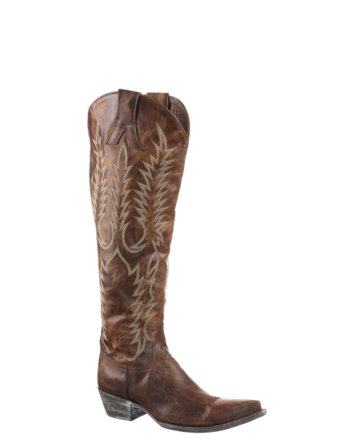 Old Gringo Boots Mayra brass goat leather tall western boots with intricate white embroidery and 18-inch shaft