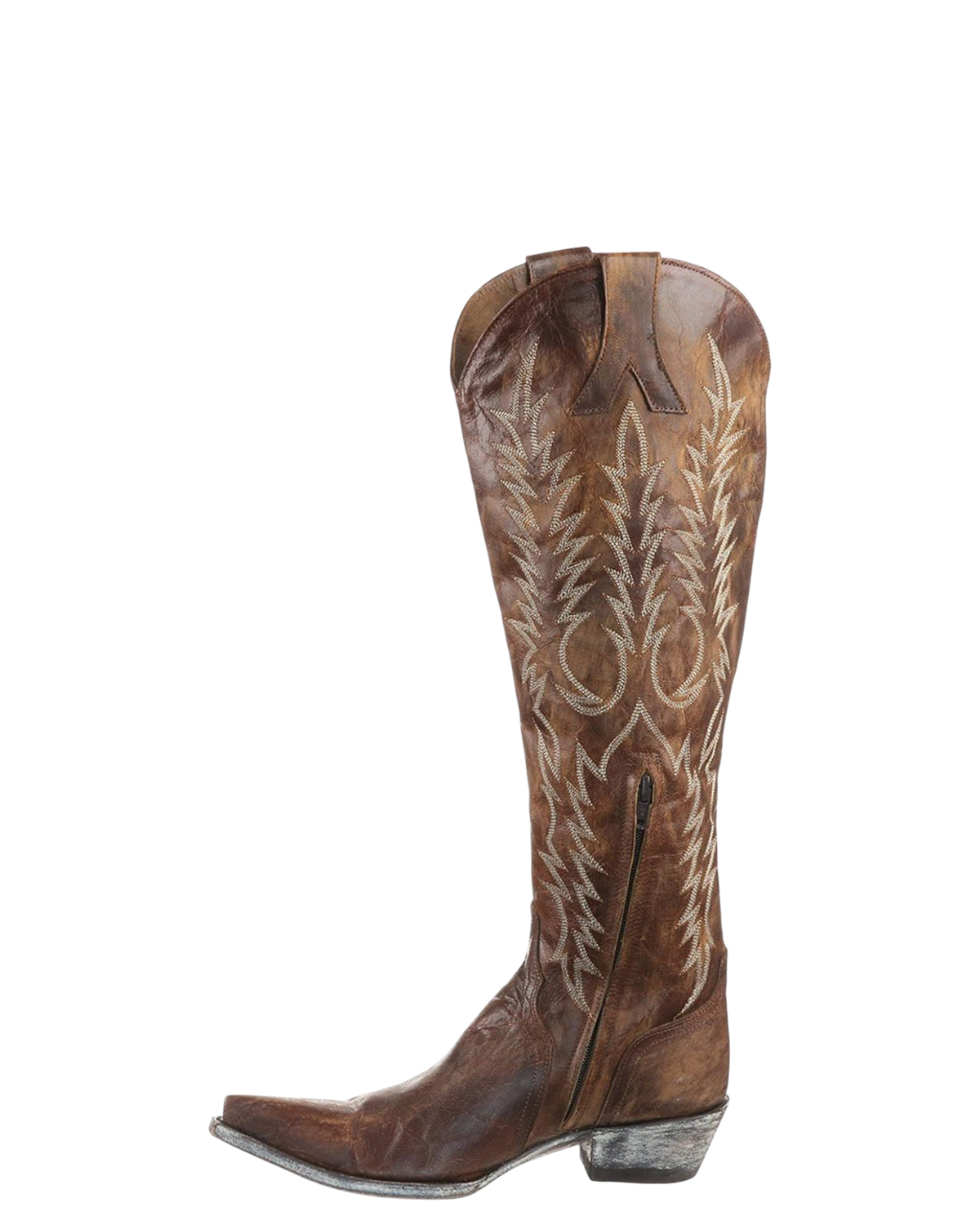 Old Gringo Boots Mayra L601-RF brass goat leather tall western boots with intricate white embroidery and side zipper