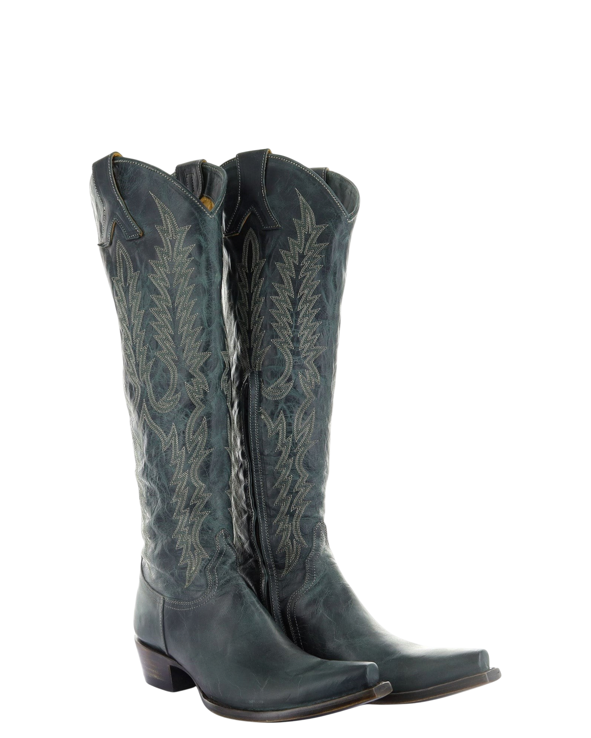 Old Gringo Boots Mayra Mid 18-inch dark jade green goat leather western boots with intricate embroidery and long toe