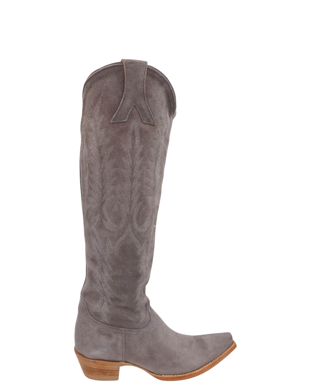 Old Gringo Boots Mayra Mid gray suede western boots with intricate tonal embroidery and a stacked wooden heel.