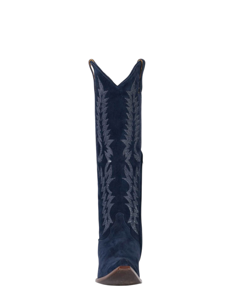 Old Gringo Boots Mayra Mid navy blue suede western boot with intricate tonal embroidery and a classic pointed toe.