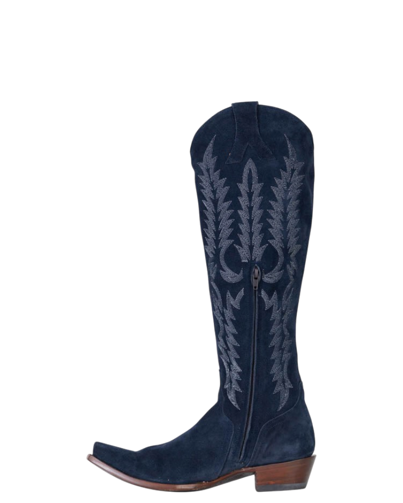 Old Gringo Boots Mayra Mid navy blue suede knee-high western boot with intricate tonal embroidery and side zipper