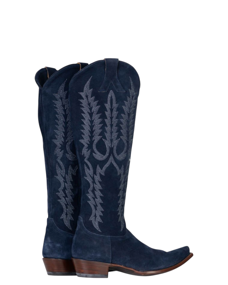 Old Gringo Boots Mayra Mid navy blue suede western boots featuring intricate decorative stitching and a pointed toe.