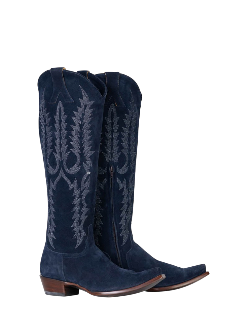 Old Gringo Boots Mayra Mid navy blue suede western boots with intricate tonal embroidery and side zipper closure