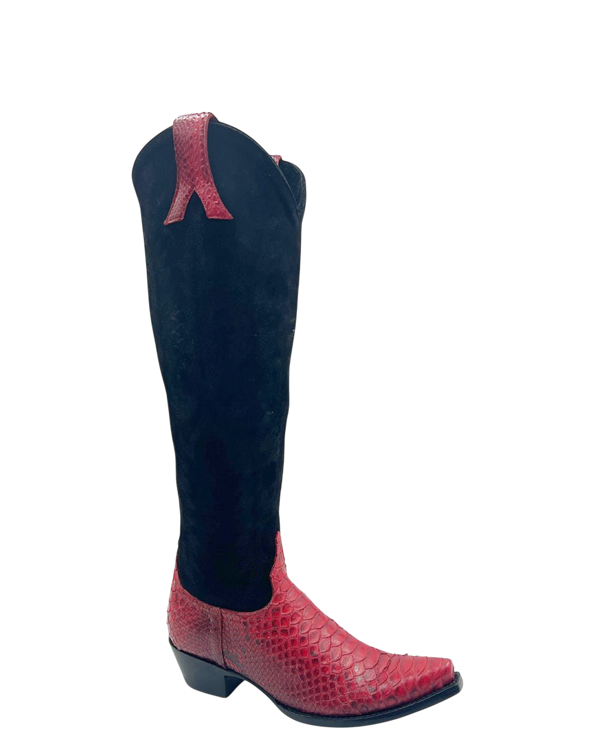 Old Gringo Boots Mayra Mid knee-high western boot in black suede with red python leather foot and pull tab