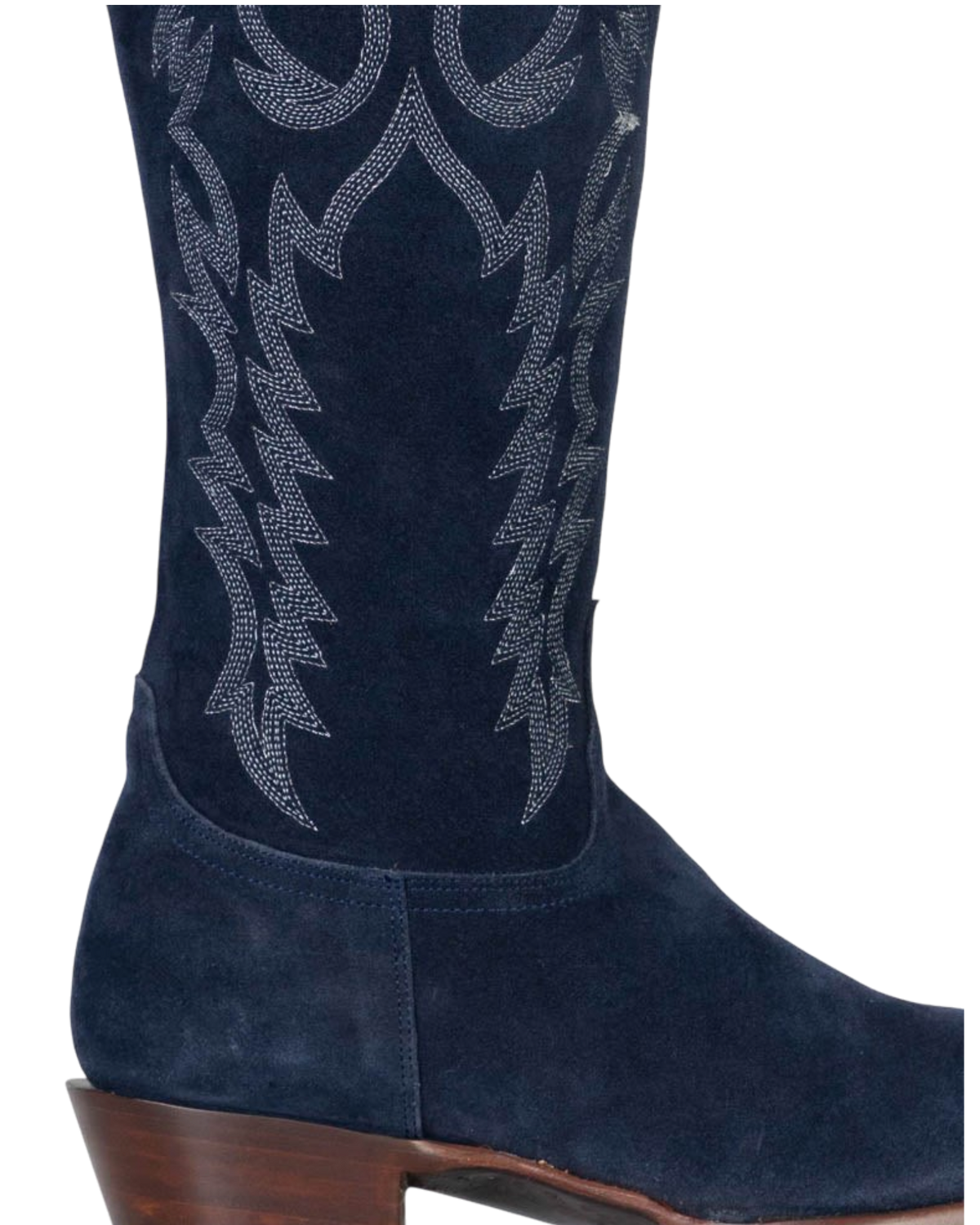 Old Gringo Boots Mayra navy blue suede western boot with intricate white stitched lightning bolt patterns on the shaft