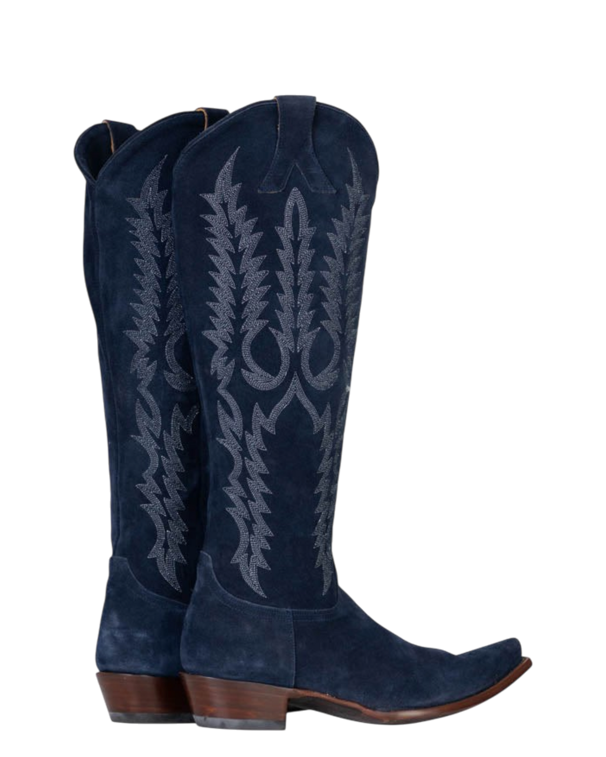 Old Gringo Boots Mayra navy blue suede western boots with intricate tonal embroidery and a classic pointed toe.