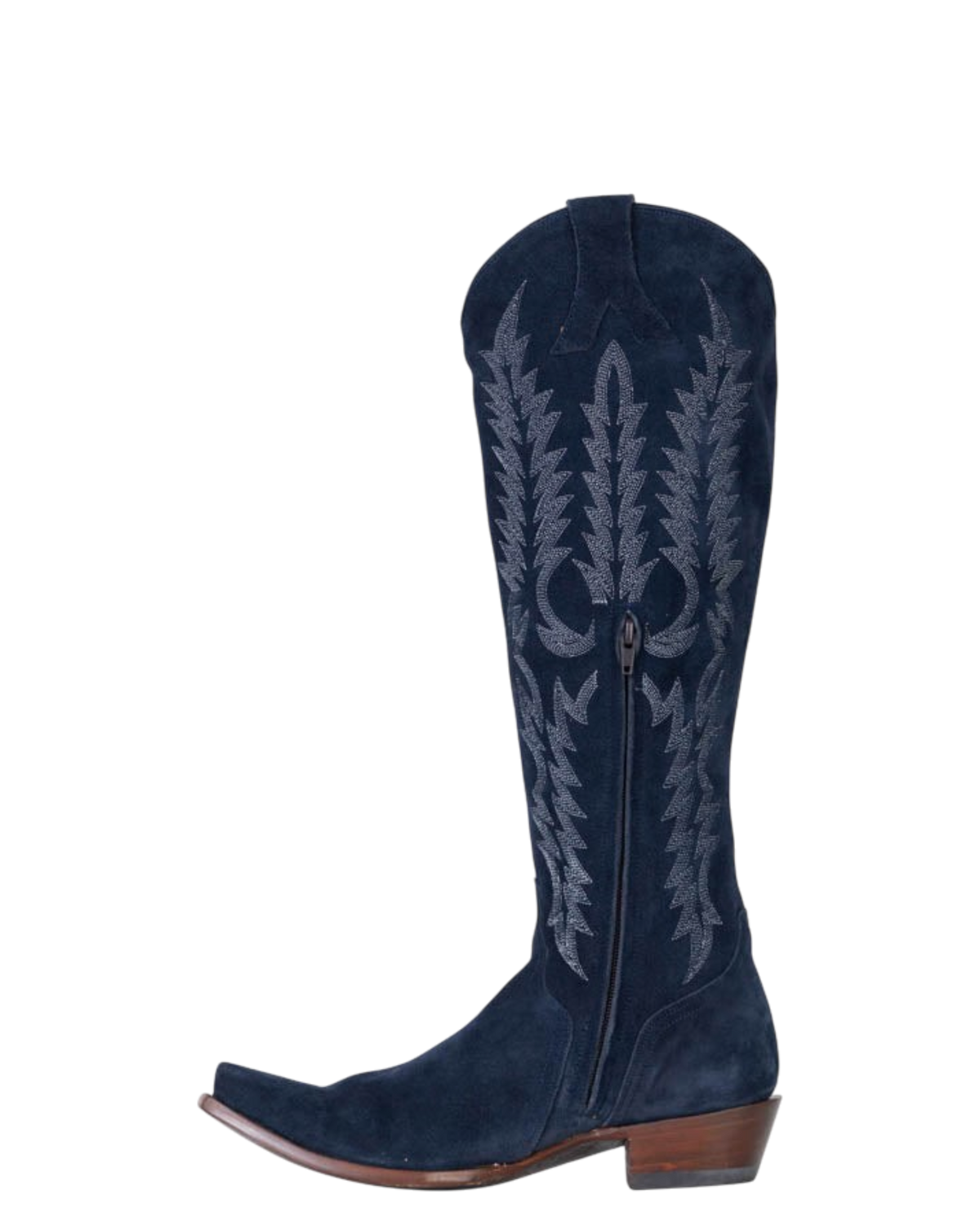 Old Gringo Boots Mayra navy blue suede knee-high western boot with intricate tonal embroidery and side zipper closure
