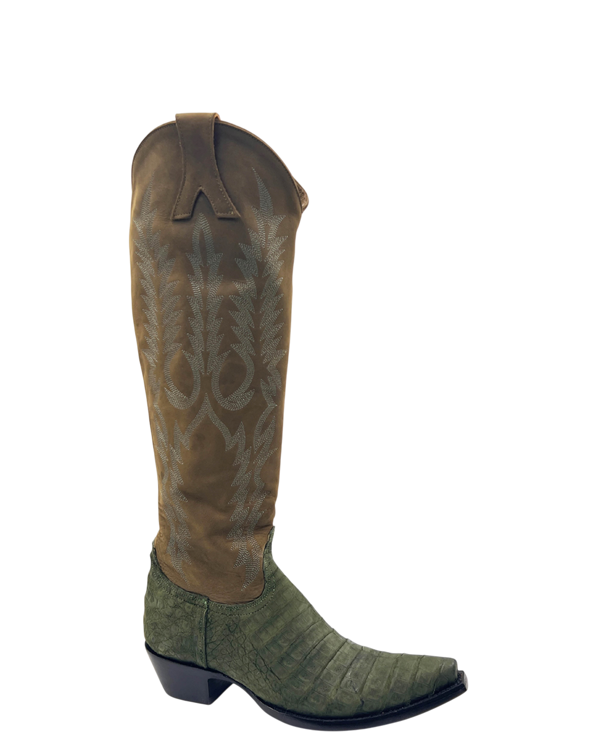 Old Gringo Boots Mayra 18-inch olive green western boot featuring textured cayman leather and intricate embroidery.