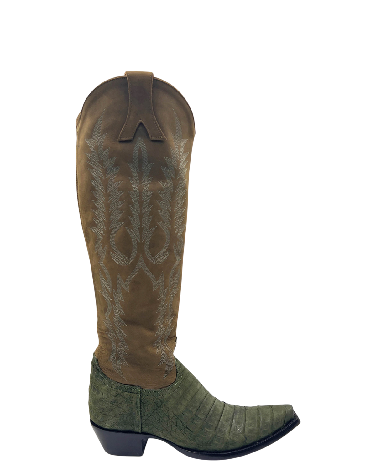 Old Gringo Boots Mayra 18-inch olive green western boot featuring textured cayman leather and intricate embroidery.