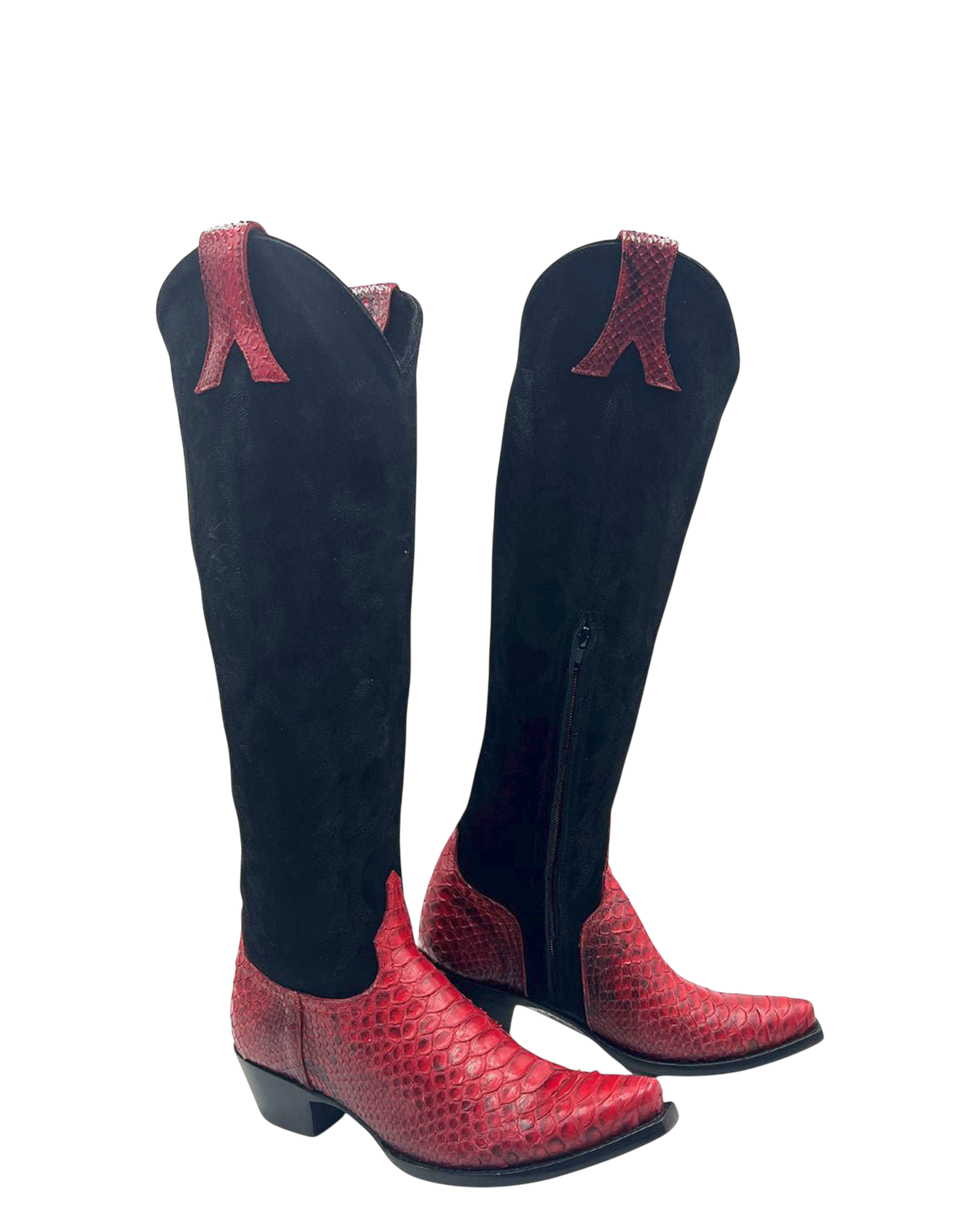 Old Gringo Boots Mayra 18-inch tall western boots in black suede and red python leather with a pointed toe.