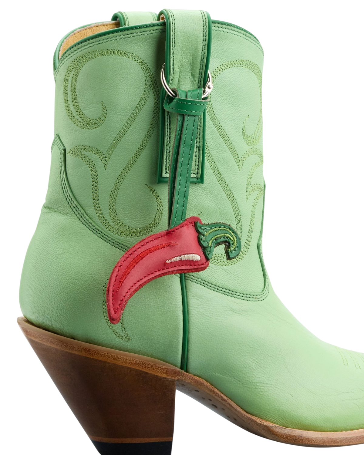 Old Gringo Boots Chili Short in soft mint goat leather with tonal stitching and a decorative red chili bauble