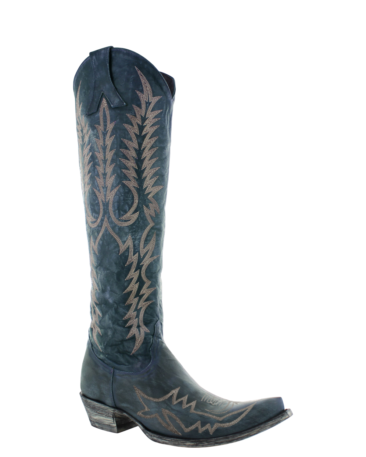 Old Gringo Boots Mayra Bis tall navy blue cowhide leather western boots with intricate embroidery and long toe