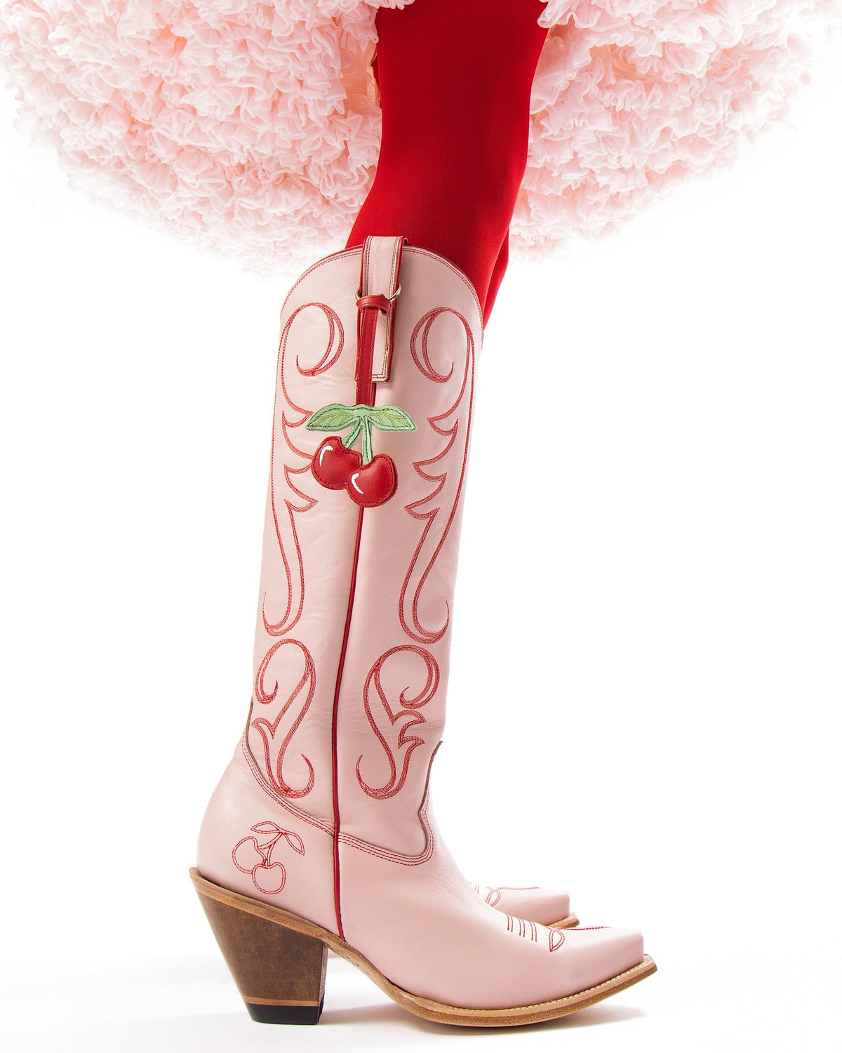 Old Gringo Boots Cherry pink cowhide leather western boots with red contrast stitching and cherry charm detail