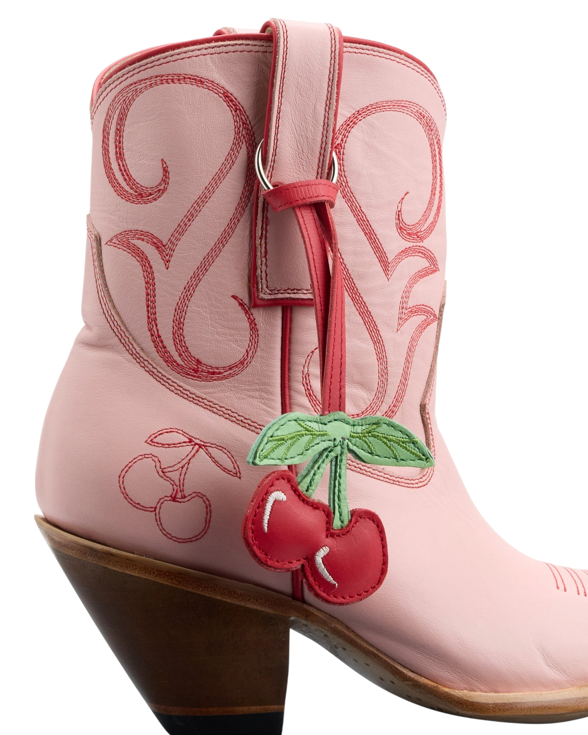 Old Gringo Boots Cherry Short pink cowhide leather western boots with red contrast stitching and cherry charm detail