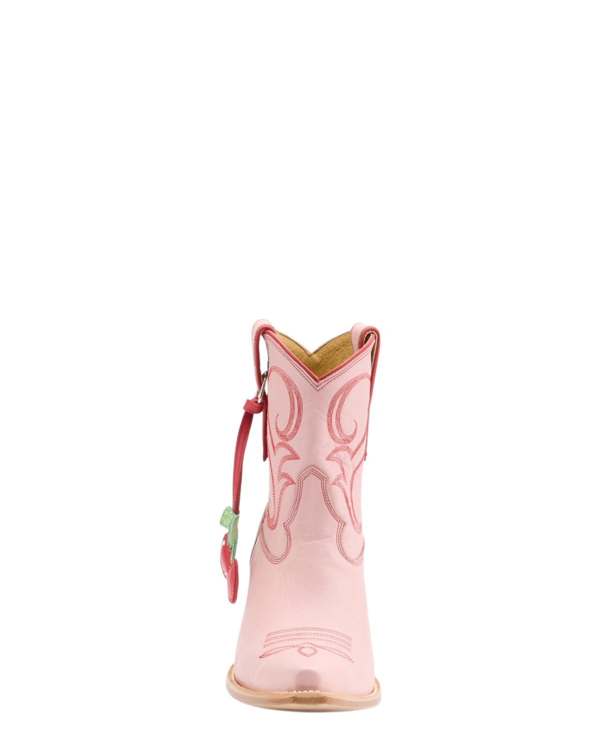 Old Gringo Boots Cherry Short pink cowhide leather western boots with red contrast stitching and cherry charm