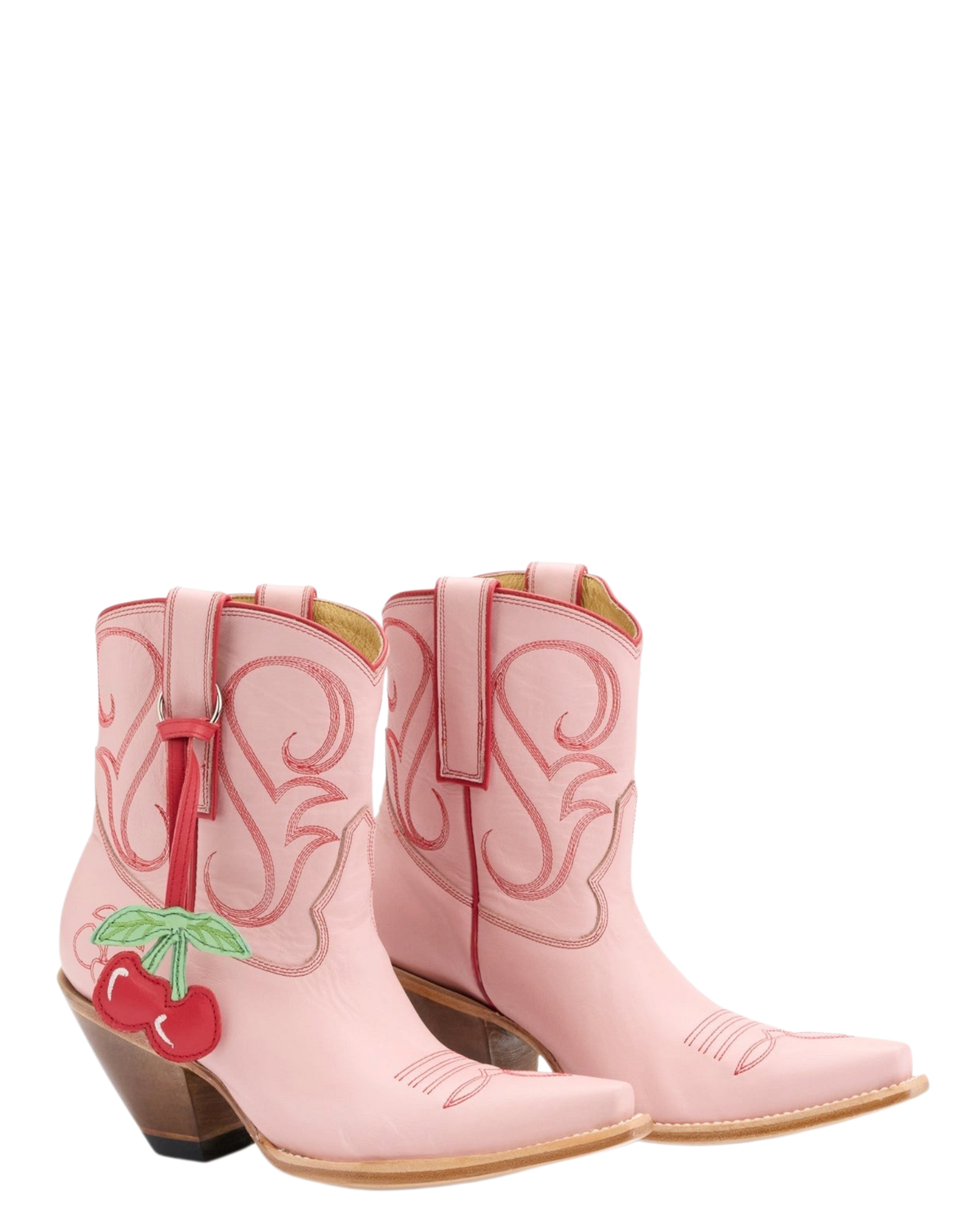 Old Gringo Boots Cherry Short pink cowhide leather western boots with red contrast stitching and cherry charm detail