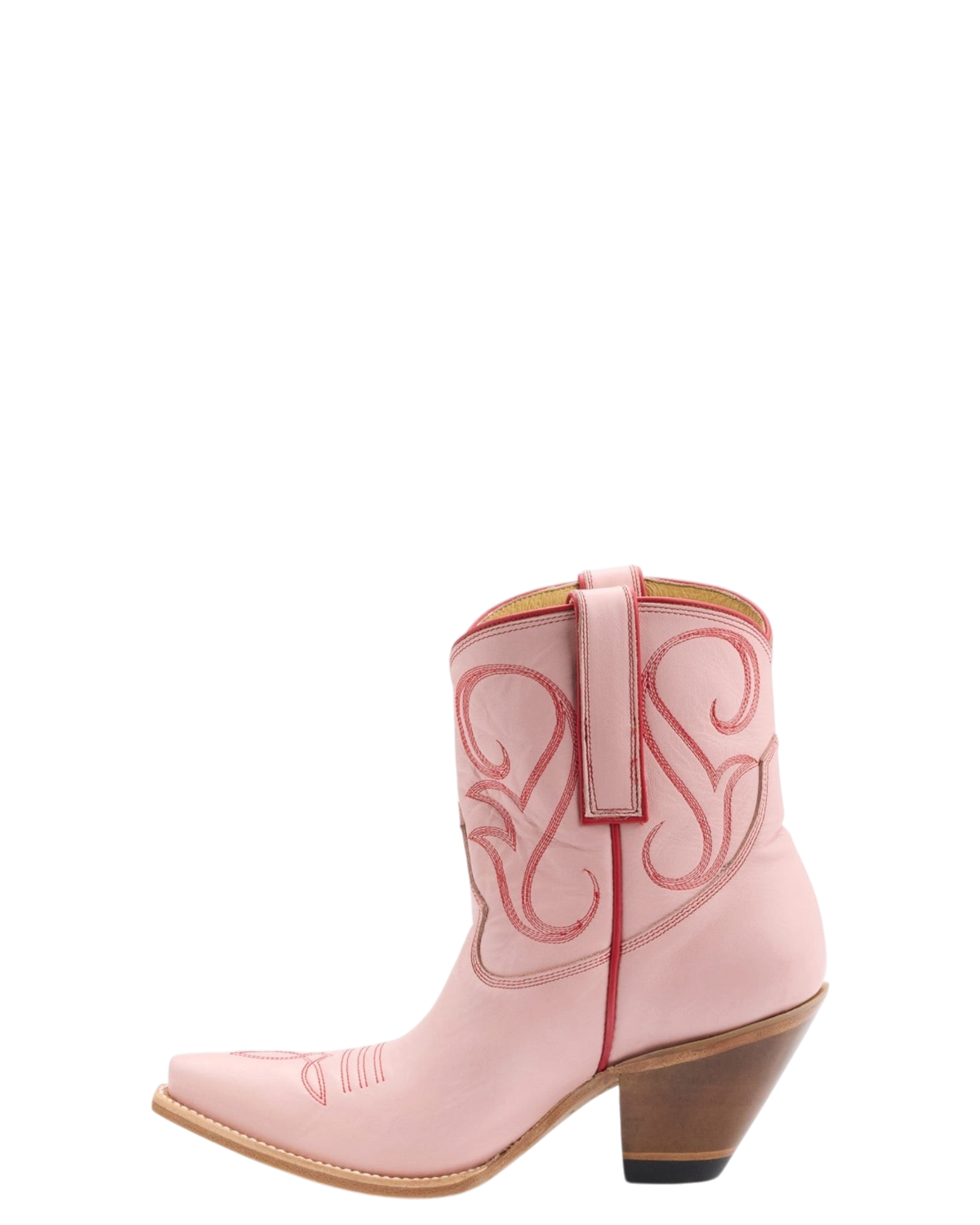 Old Gringo Boots Cherry Short pink cowhide leather western boots with red contrast stitching and a pointed toe